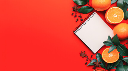 Fresh oranges and a blank notepad on a vibrant red background.
