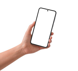 Hand holding smart phone isolated on transparent background.
