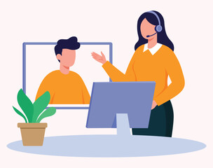 customer service representative with headset providing 24/7, online, support, hotline, assistance, and technical help in a flat vector illustration.