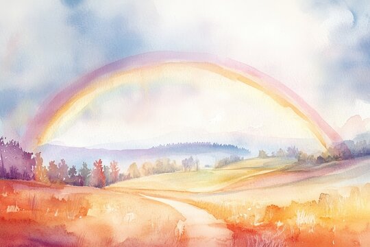 A soft watercolor illustration depicting a dreamy landscape with a pastel rainbow arching over rolling golden fields and distant misty hills under a serene sky