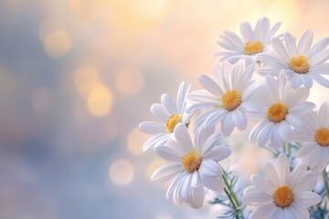Close-up of delicate white daisies, soft bokeh background. Perfect for greeting cards, websites, or spring themes, evokes purity and serenity.