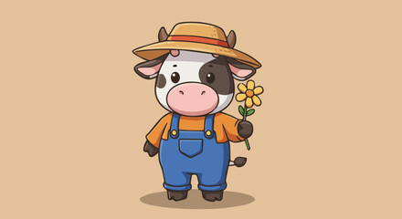 cute cartoon cow wearing overalls and a farmers hat. Holding a flower