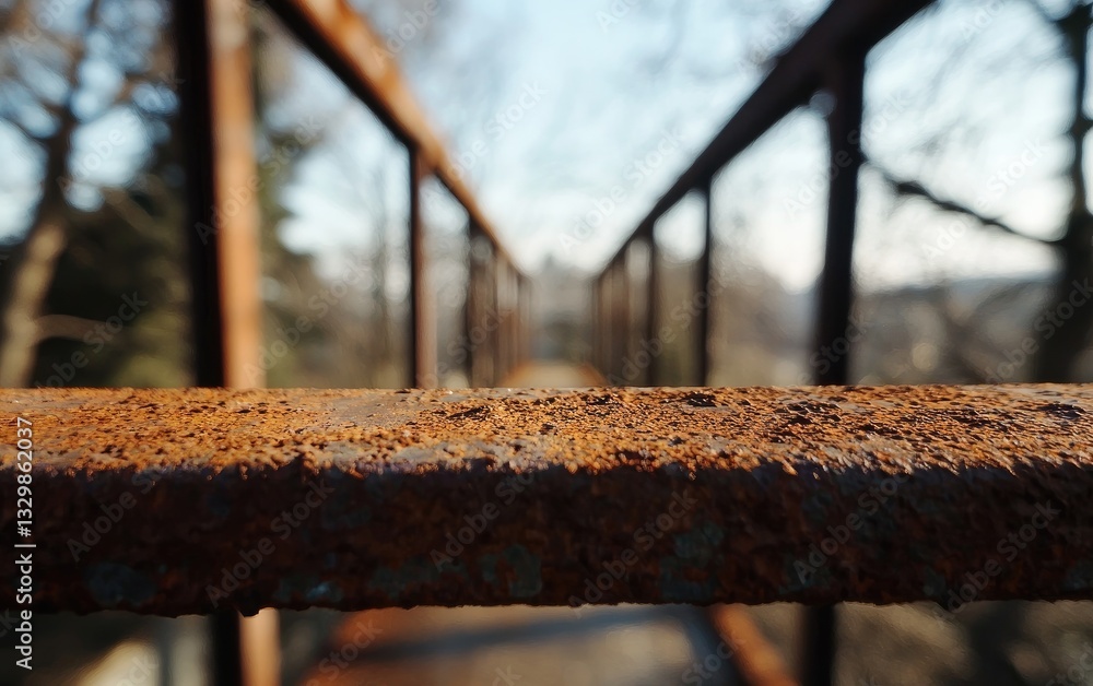 Poster close up of a rusty bridge railing with blurred background