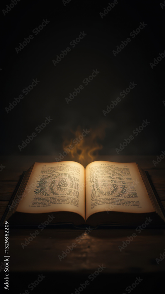 Poster a book of holy scripture open on a table with candlelight illuminating the pages.