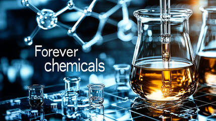 A laboratory scene with a glass beaker containing amber liquid. A pipette releases drops as molecular structures hover in the background, highlighting chemical contamination. “Forever chemicals” text.