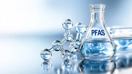 A glass laboratory flask labeled "PFAS" sits beside a molecular structure. The reflective surface and blue tones emphasize scientific research and contamination concerns. © imfotograf
