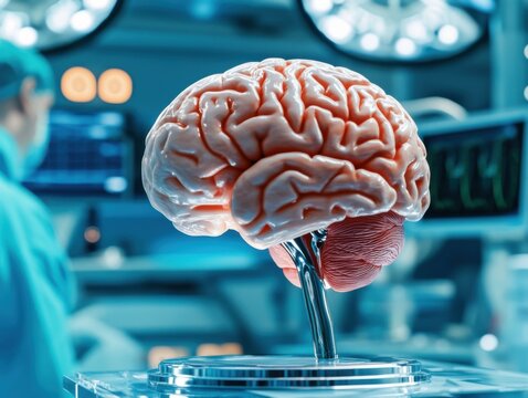Brain surgery using advanced technology, digital 3D mapping guiding surgeon, ultra-modern operating room, cutting-edge medical equipment, professional and precise - Powered by Adobe