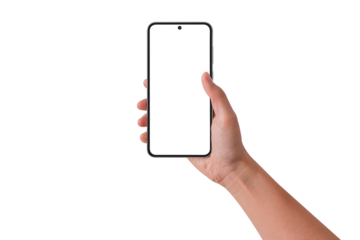 Hand holding smart phone isolated on transparent background.
