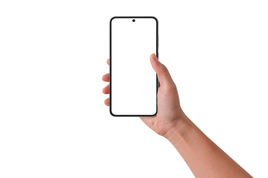 Hand holding smart phone isolated on transparent background.
