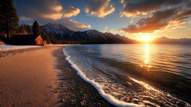 Serene Sunset Over Lake with Cabin and Snowy Mountains - Powered by Adobe