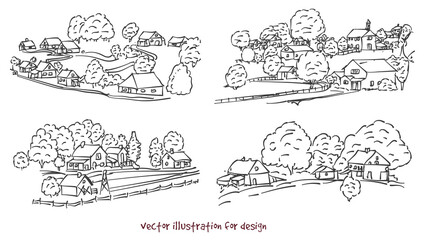 illustration of farmhouses. Vector silhouette set 