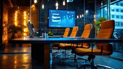 Business meeting in modern office, executives discussing strategy, digital presentation on large screen, glass conference room, sleek and professional setting