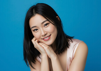 Fototapeta premium Pleased Asian woman reclines on her hands and looking at the camera over blue background