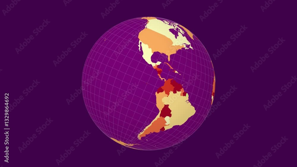 Poster rotating globe. tilted sphere view. fast speed globe rotation. colored countries style. world map wi