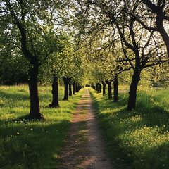 Beautiful view of a street with blooming cherry trees in spring