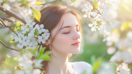 Fototapeta premium Beautiful teenager girl enjoying the scent of spring flowers in a blooming orchard