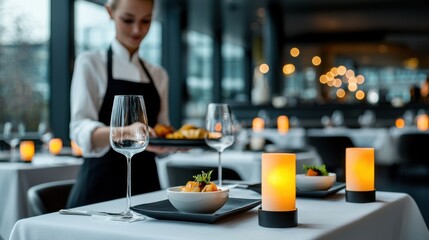 Obraz premium Elegant dining experience upscale restaurant food presentation modern atmosphere close-up view culinary artistry