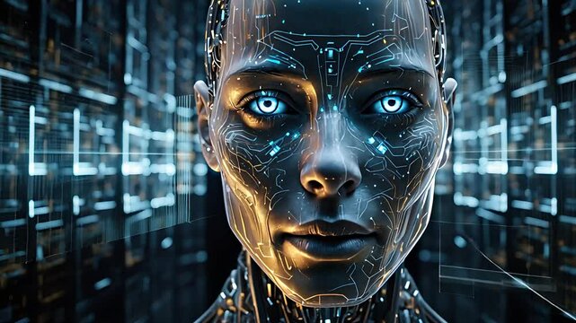 Close-up of Futuristic Female Robot with Digital Circuitry and Glowing Blue Eyes in a High-Tech Environment

