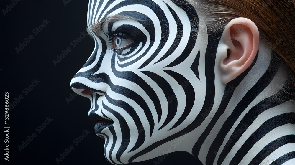 Poster woman with striking zebra face paint creating a bold visual statement against a unique background in