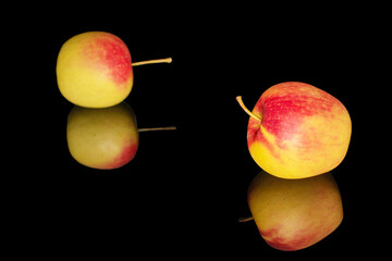 Ripe juicy apples isolated on black background, macro.