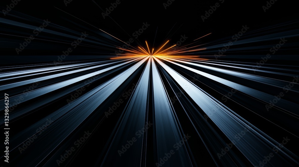 Poster Black and white image of a highway with a bright orange streak in the middle. Concept of motion and energy, as if the highway is in the midst of a race or a high-speed chase
