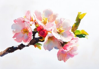 Beautiful Pink Cherry Blossom Branch in Watercolor Style Art