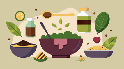 An energizing smoothie bowl station with ingredients like matcha powder bee pollen and dark chocolate aimed at providing a boost of energy and. Vector illustration