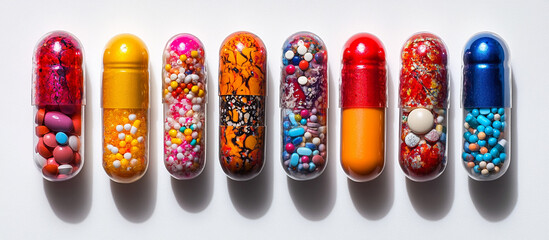Colorful medicine capsules with various pills inside.