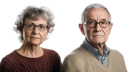 Elderly couple with stern faces, cut out. Isolated on a transparent background.