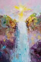 Vibrant Abstract Waterfall with Sunlight in Soft Color Palette