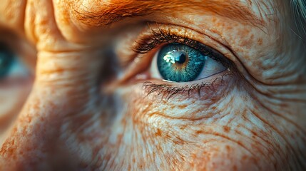 Close-up macro shot of senior woman's bright blue eye with wrinkles and freckles in warm sunlight showing aging skin texture and natural beauty.