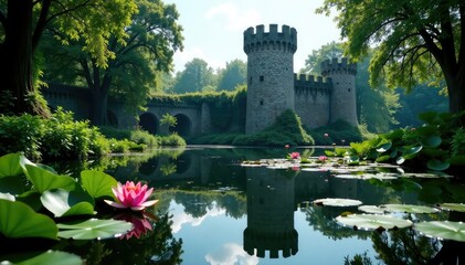 overgrown castle moat with lily pads and water lilies, lake, lily pad