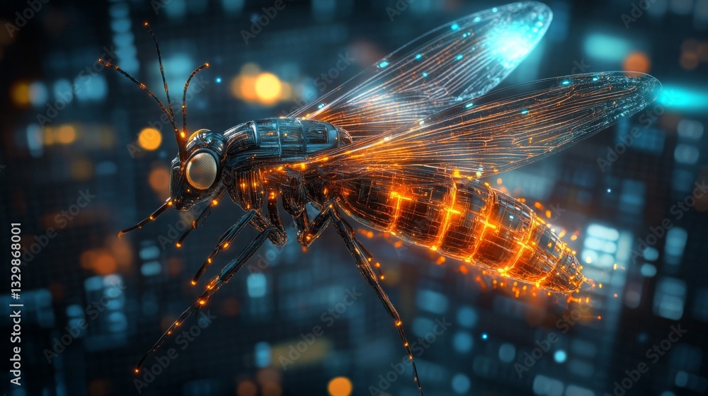 Poster digital insect with glowing particles and dark background