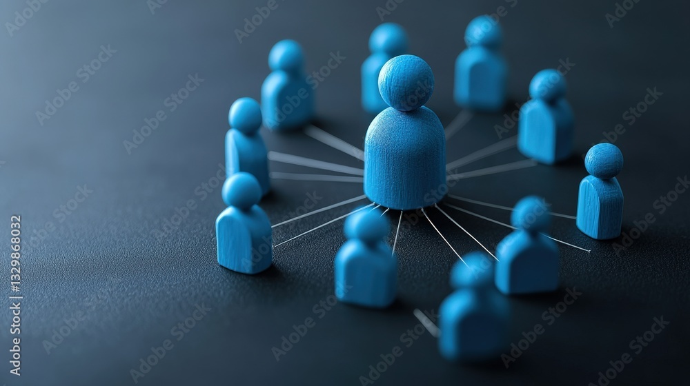 Poster blue figurines connected by lines, representing networking or teamwork concepts in a minimalist desi