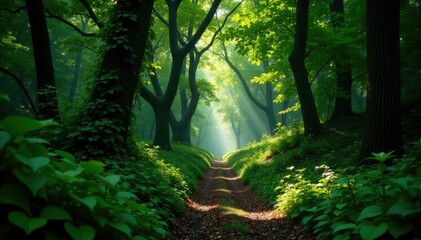 Obraz premium Overgrown coniferous forest path with dense foliage and vines, overgrown, vines