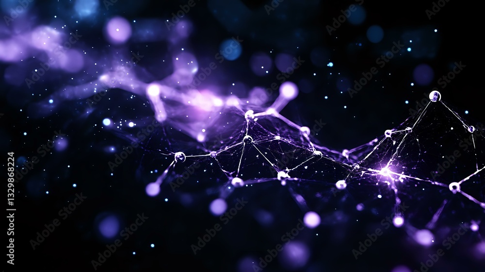Poster glowing purple network connections with light particles floating in dark space create futuristic tec