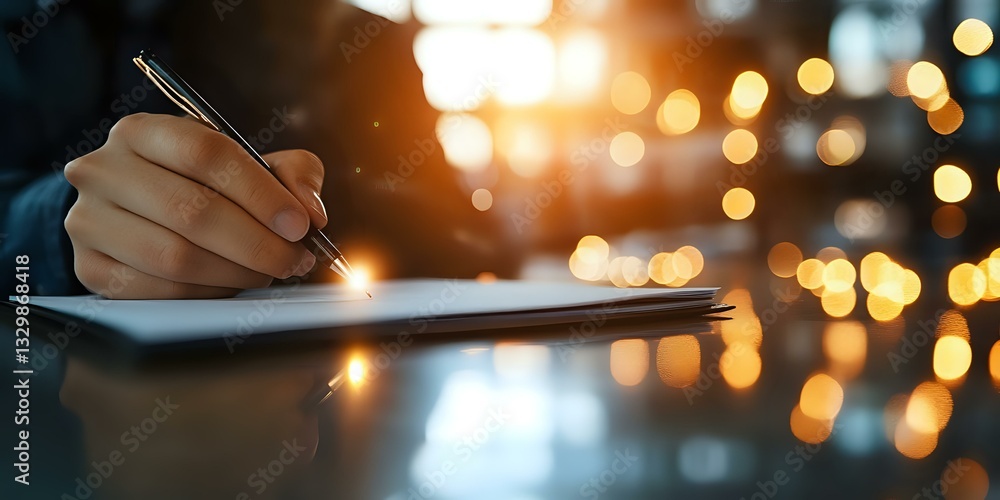 Poster person writing in notebook with magical golden bokeh lights in background creating atmospheric eveni