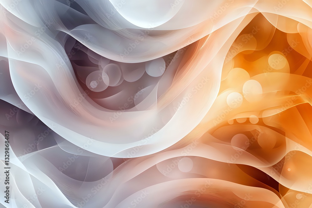 Poster abstract flowing waves in orange and white create soft ethereal background with glowing bokeh effect