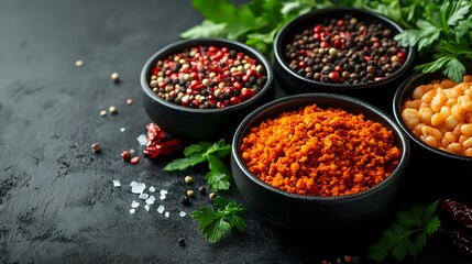 Fototapeta premium Aromatic spices and seasonings in black bowls on dark background with fresh herbs, peppercorns, chili powder and salt crystals for cooking and seasoning.