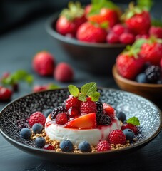 A vibrant dessert featuring creamy yogurt topped with a variety of fresh berries, garnished with mint leaves on a textured black plate.
