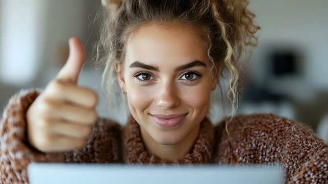 Young mixed race woman with curly hair showing thumbs up while looking at laptop screen, wearing brown sweater. Positive expression and natural makeup.