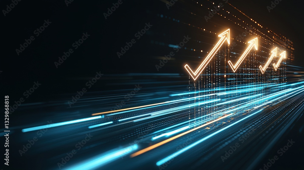 Poster a dynamic visual featuring glowing arrows and lines, symbolizing growth, progress, and fast-moving d