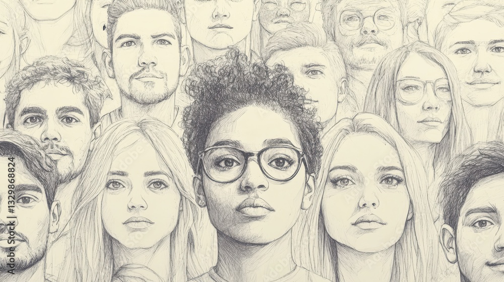 Aufkleber pencil sketch drawing art style of a socially diverse community crowd. the concept of multiculturali