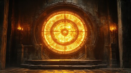 Fiery portal in ancient temple; fantasy game background