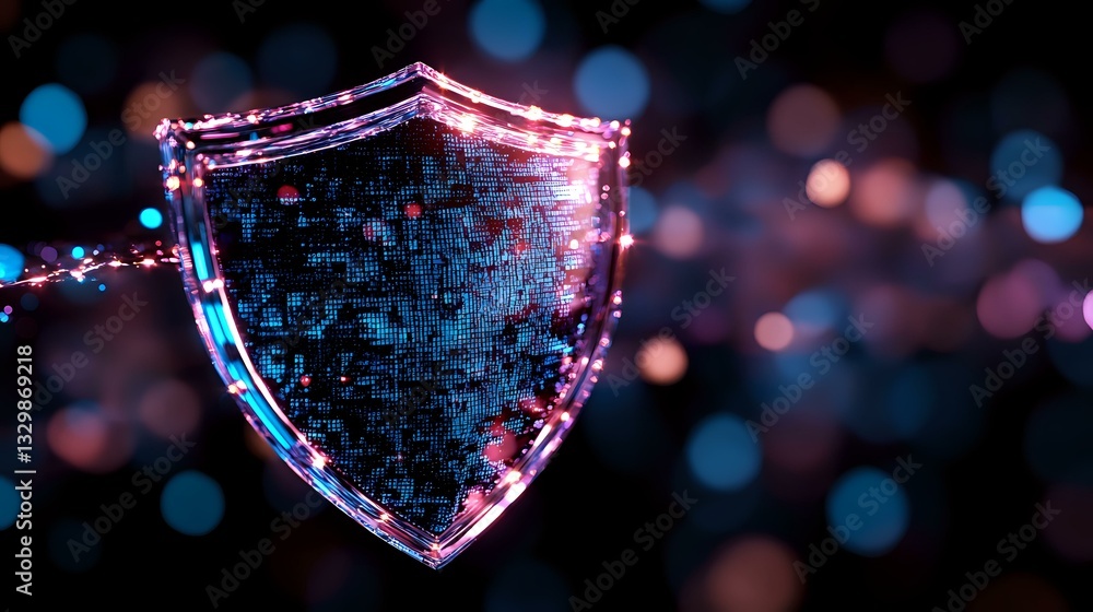 Poster glowing digital security shield with pink and blue neon light effect on dark background with bokeh c