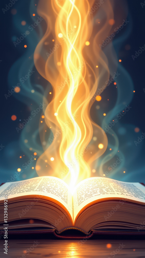 Poster a book with a flame emanating from its pages, creating an aura of magic or divine revelation.