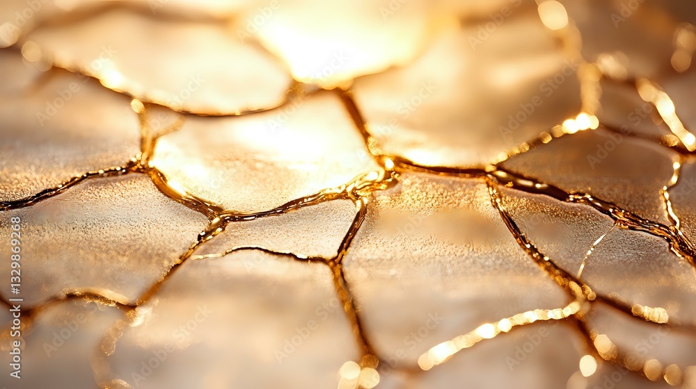Poster cracked golden surface with glowing light seeping through fractures, creating an abstract pattern of