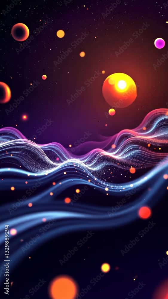 Aufkleber A colorful space background with a large orange sun in the middle. There are many small circles scattered throughout the background