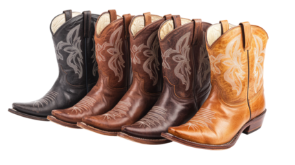 Set of cowboy leather boots cut out. Isolated on a transparent background.