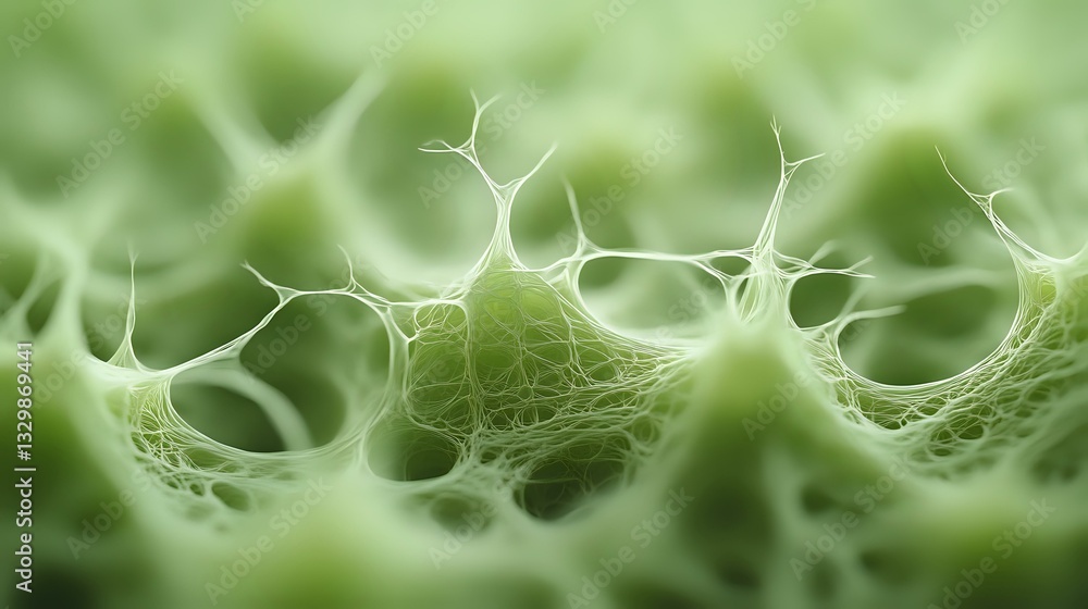 Poster microscopic view of green organic network structure showing intricate cellular patterns and connecti